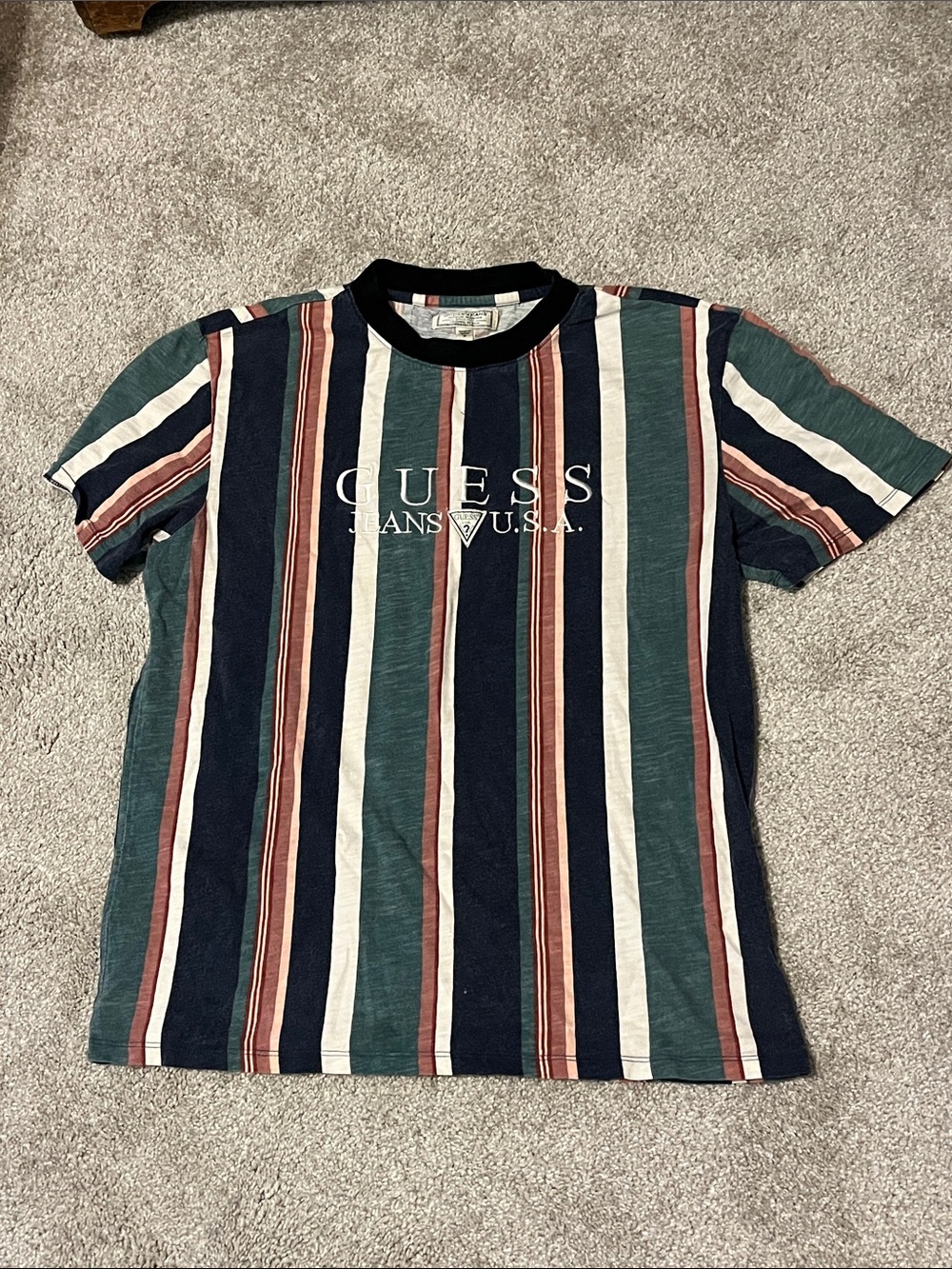 GUESS Striped Logo Tee in Green Navy Rust Cream